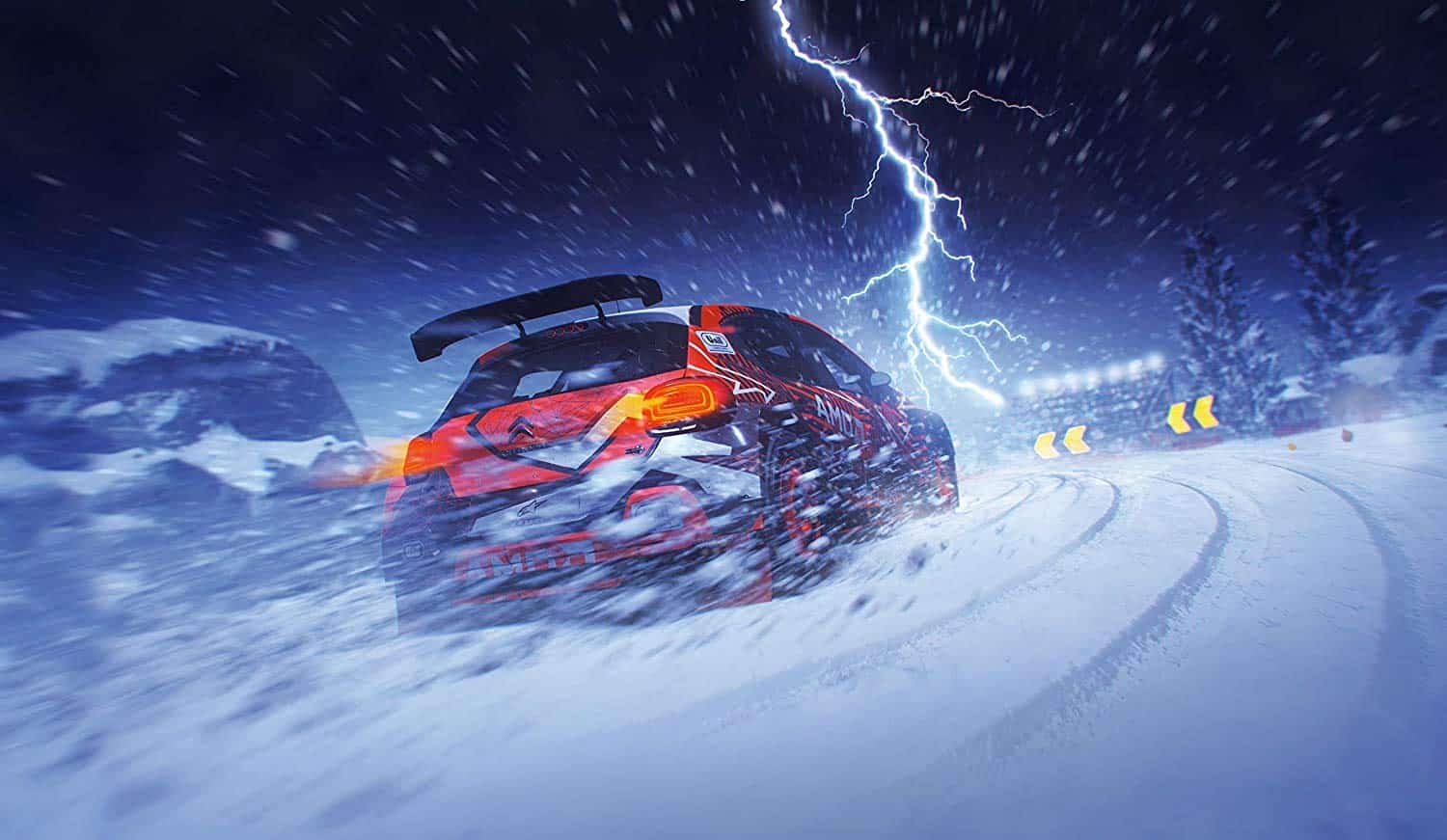 A lightning storm illuminates a rally car racing through snowy terrain, emphasizing extreme weather.