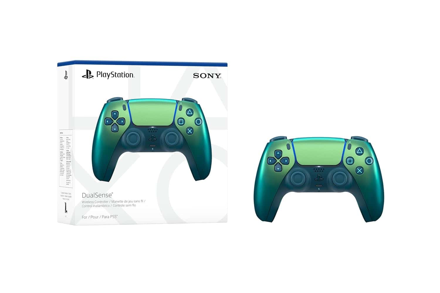 Sony PlayStation 5 DualSense wireless controller in blue-green color.
