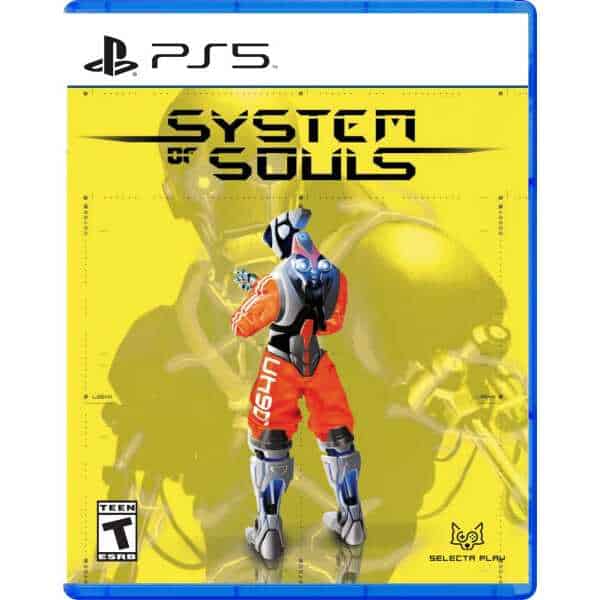 Gameware System of Souls PS5 game cover with futuristic character and yellow background.