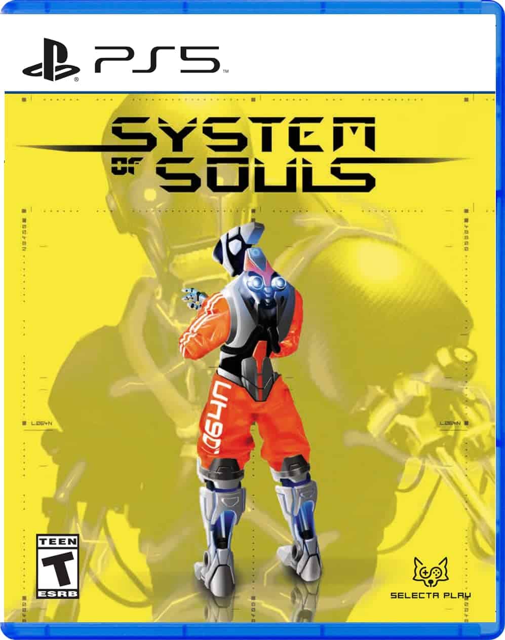 Gameware System of Souls PS5 game cover with futuristic character and yellow background.