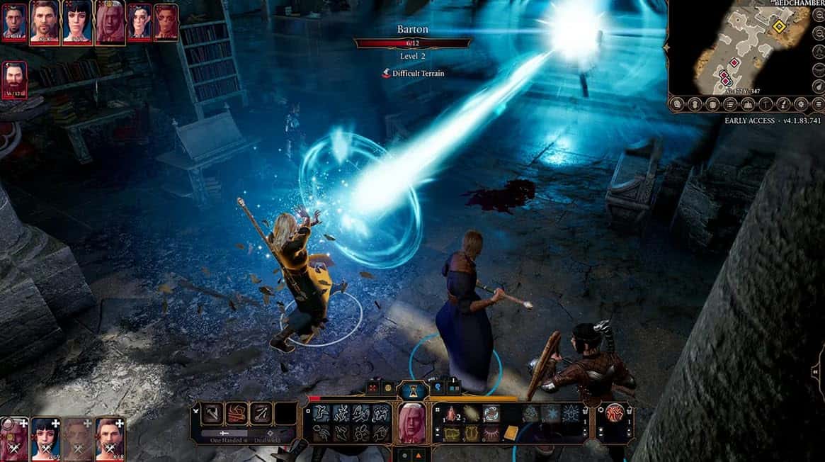 A powerful mage casting a lightning spell against a boss in a dark fantasy game scene.