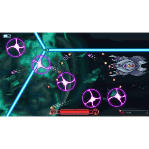 Futuristic space battle scene with spacecraft and energy beams.