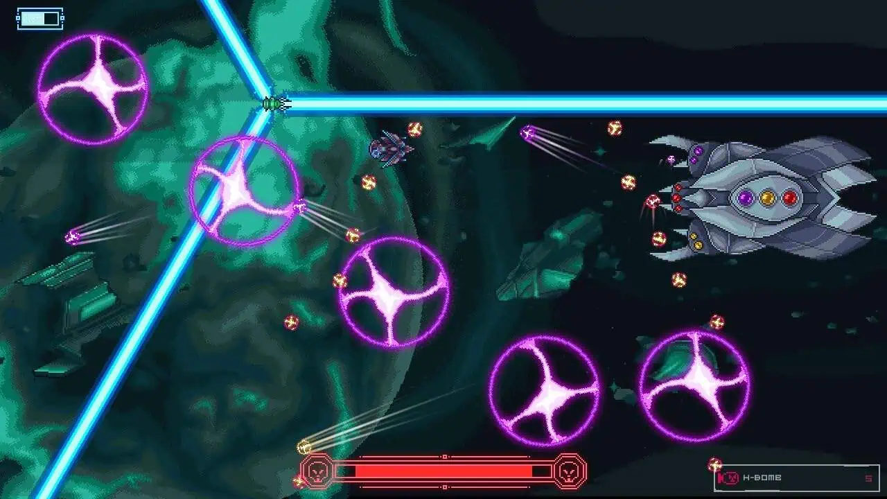 Futuristic space battle scene with spacecraft and energy beams.