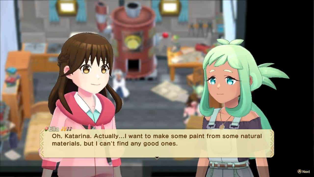 Image of two characters from Harvest Moon game discussing painting materials.