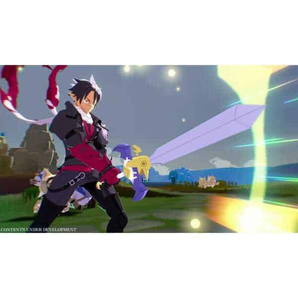 A fierce anime-style character wielding a large sword in a vibrant fantasy landscape.