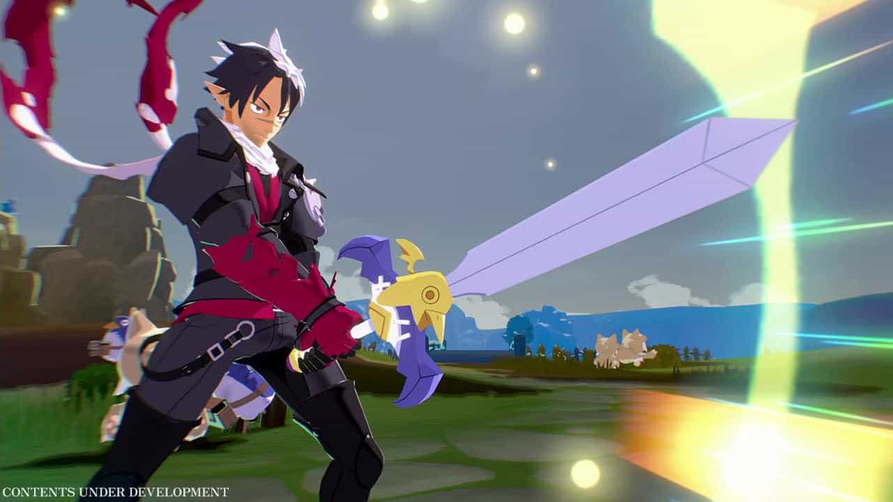A fierce anime-style character wielding a large sword in a vibrant fantasy landscape.