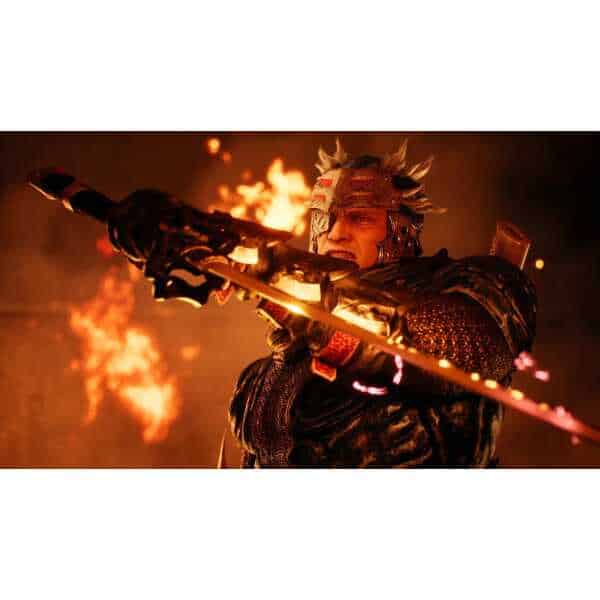 A fierce warrior wielding a flaming sword in a fiery battle scene.
