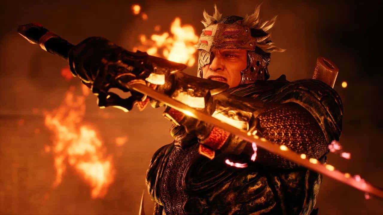 A fierce warrior wielding a flaming sword in a fiery battle scene.