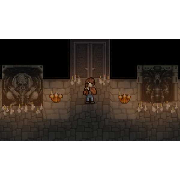 Pixel art scene of a character in a dark dungeon with candles and statues.