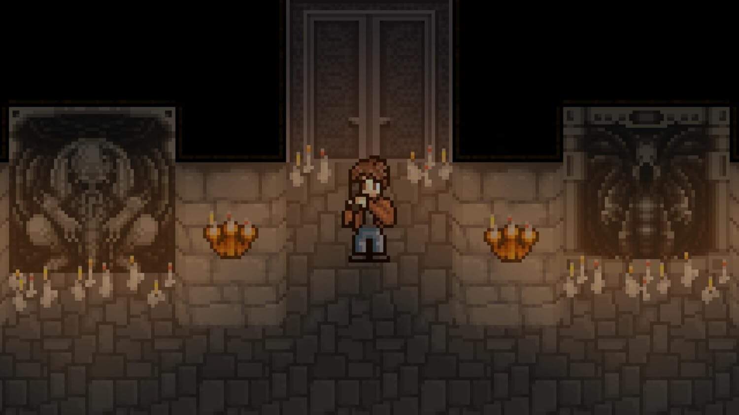 Pixel art scene of a character in a dark dungeon with candles and statues.