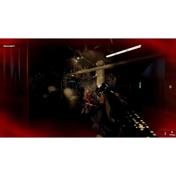 Intense first-person shooter game scene with gun and smoke effects at Gameware.