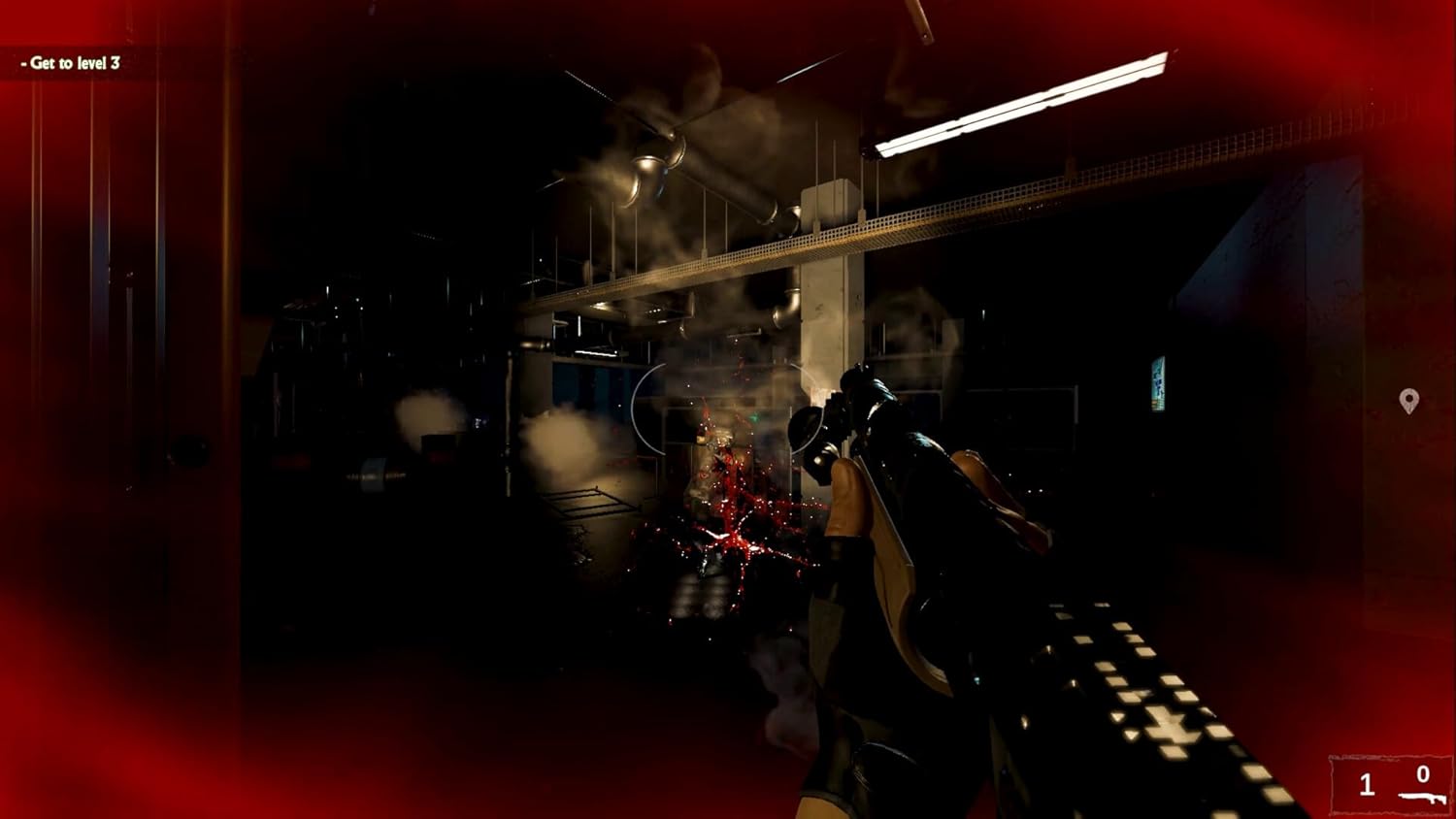 Intense first-person shooter game scene with gun and smoke effects at Gameware.