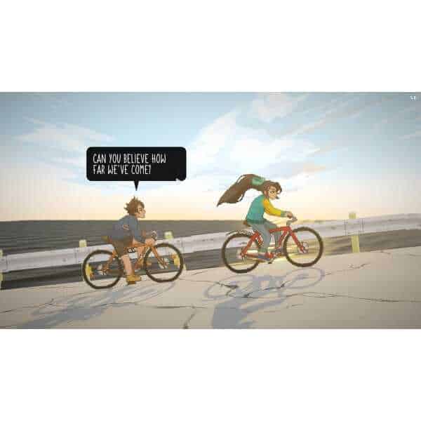 Two children riding bikes along the coast at sunset, enjoying the moment.