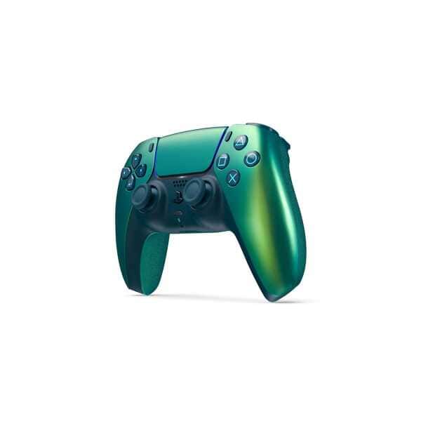 Modern PlayStation 5 controller with dual analog sticks and vibrant green accents.