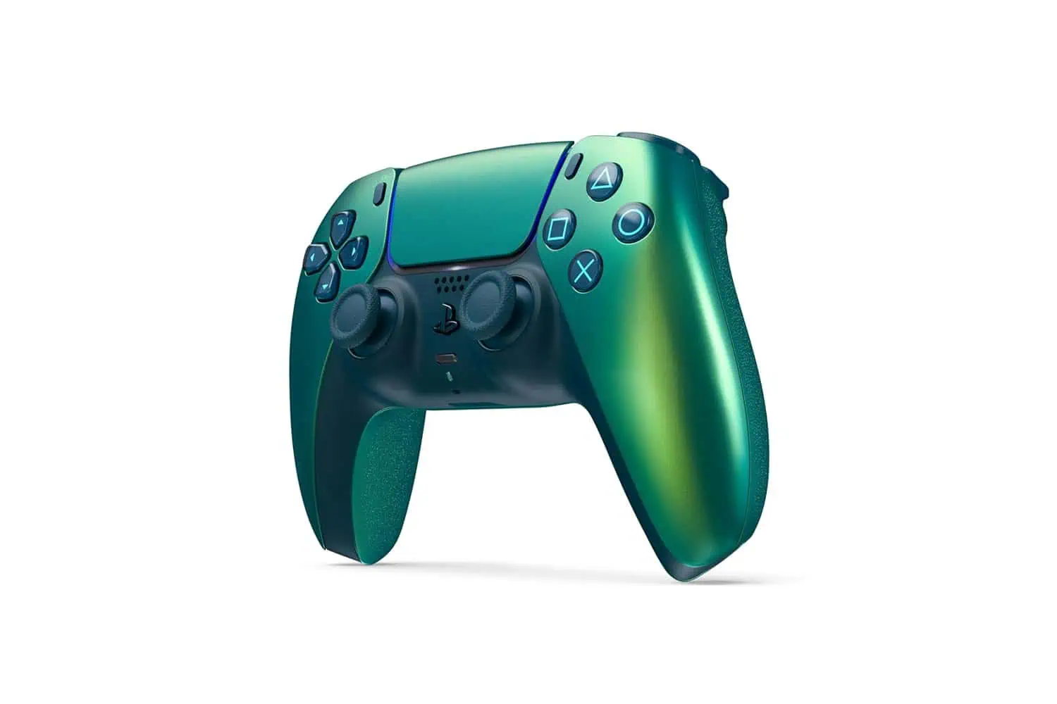 Modern PlayStation 5 controller with dual analog sticks and vibrant green accents.