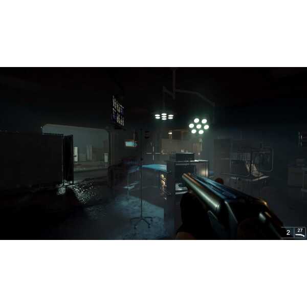 Futuristic first-person shooter game environment with weapon in hand, high-tech equipment, and dark,.