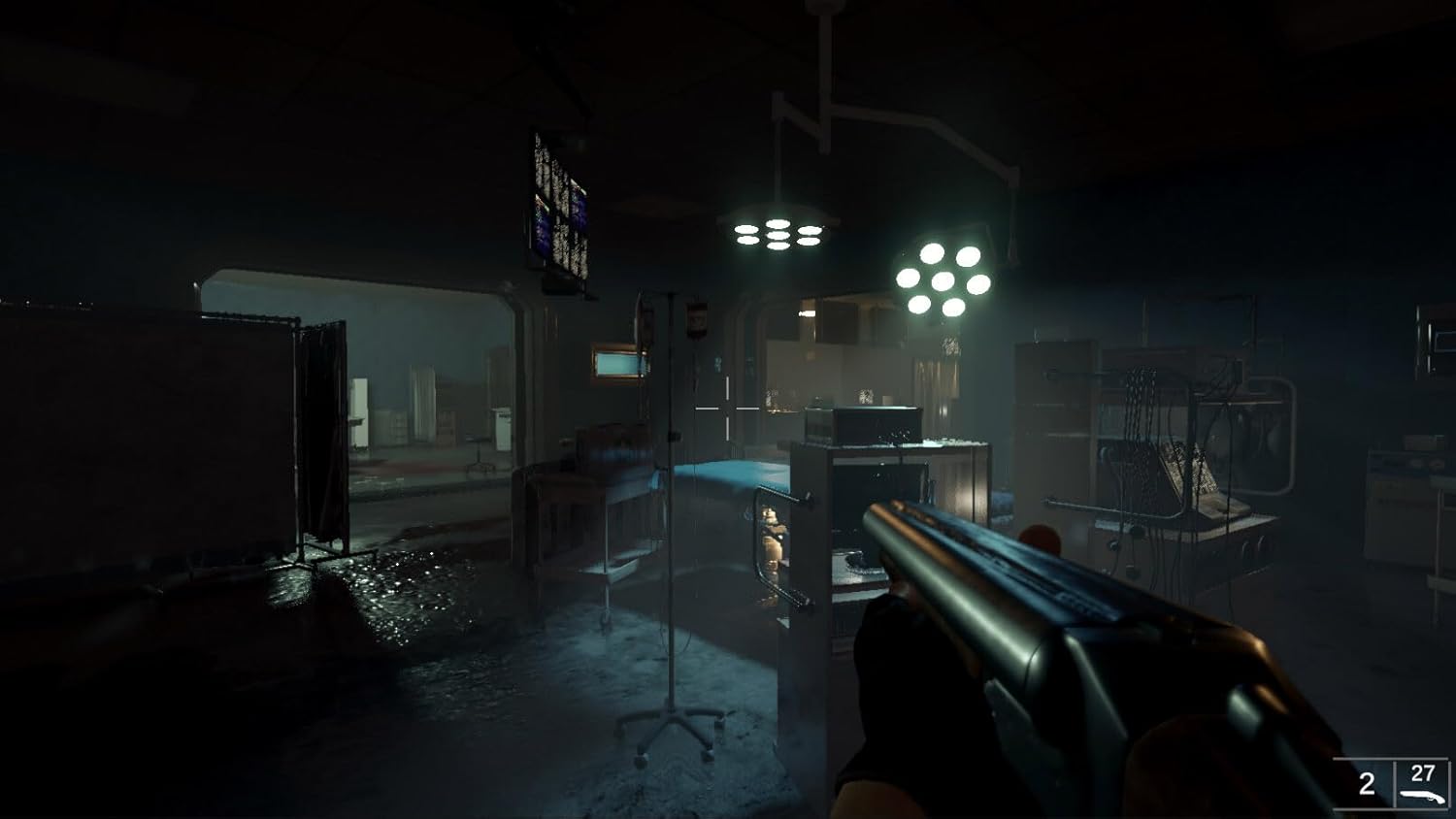Futuristic first-person shooter game environment with weapon in hand, high-tech equipment, and dark,.