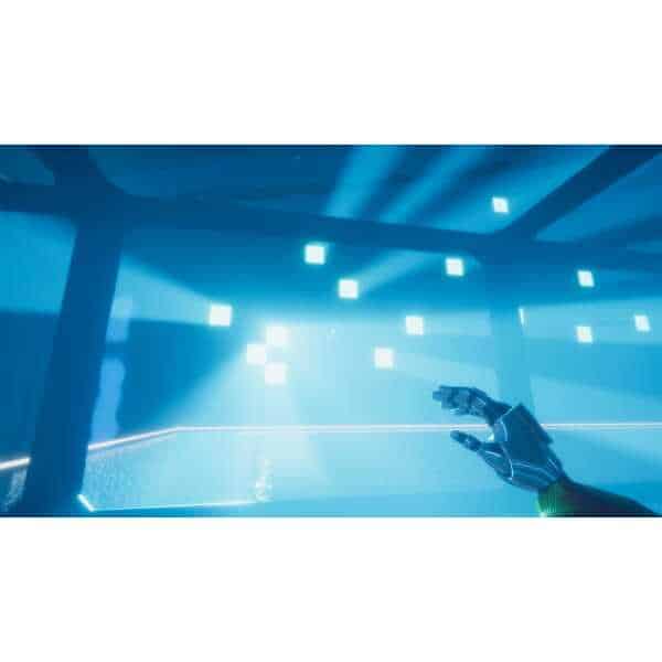 Futuristic digital environment with glowing blue lights and a robotic hand reaching out, emphasizing.