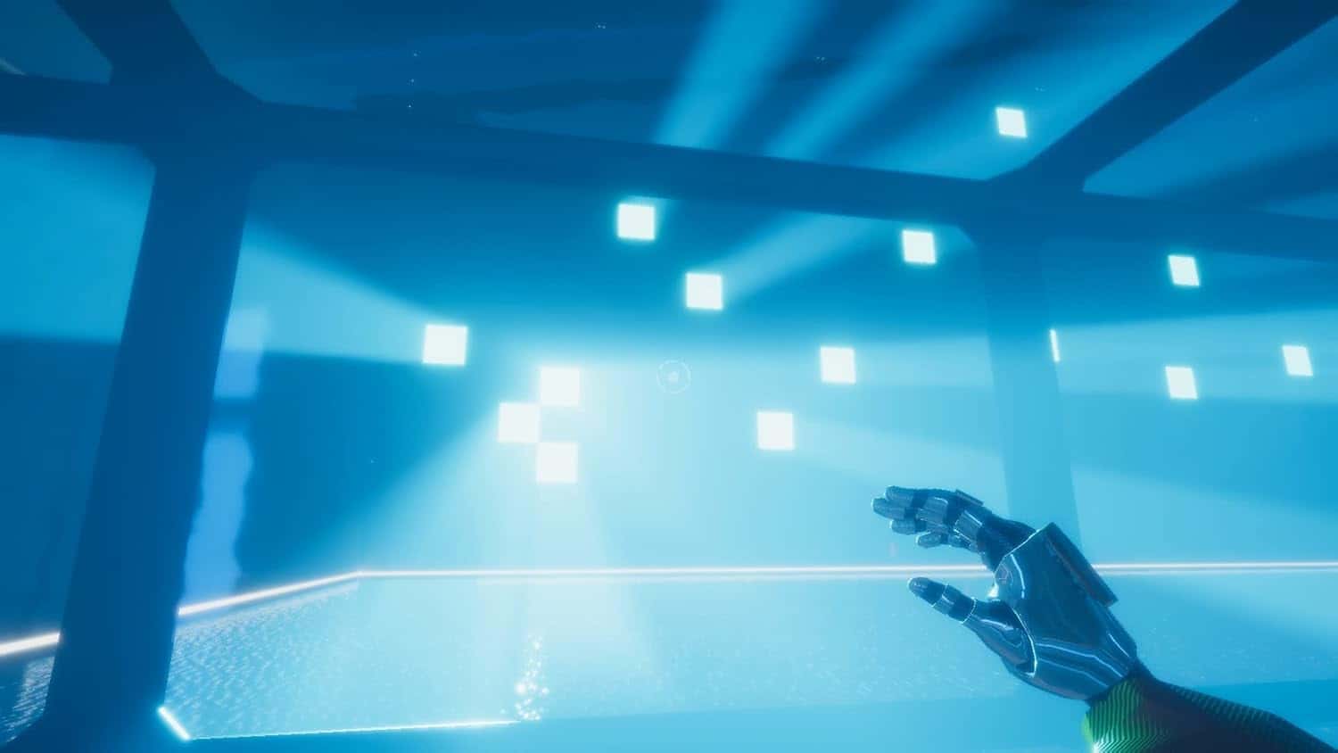 Futuristic digital environment with glowing blue lights and a robotic hand reaching out, emphasizing.