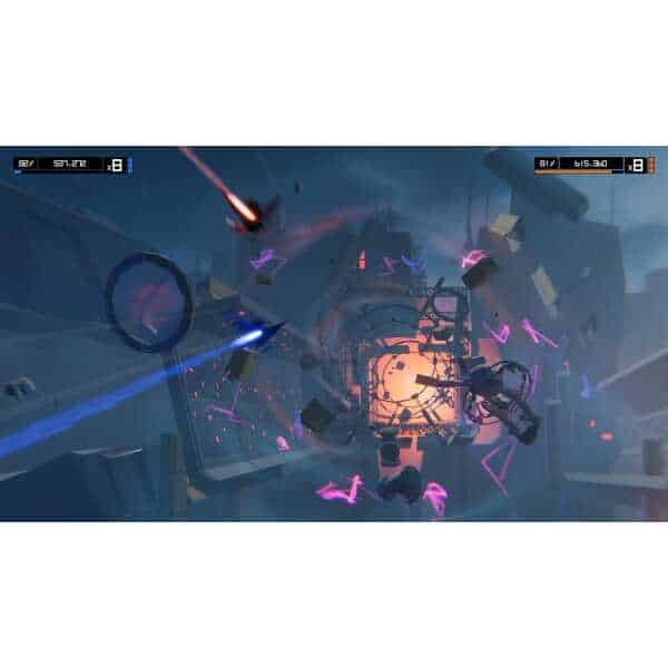 Futuristic space battle with spacecraft and debris in a sci-fi environment.