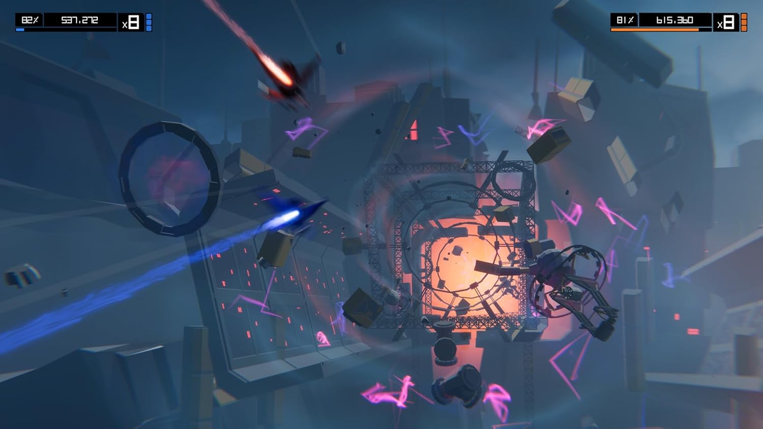 Futuristic space battle with spacecraft and debris in a sci-fi environment.