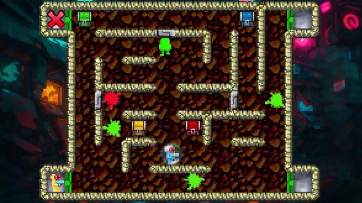 Classic maze game screenshot with colorful characters and obstacles.