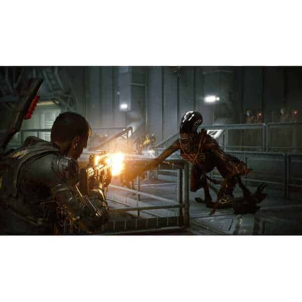 A futuristic soldier engaging alien creature in high-tech environment.
