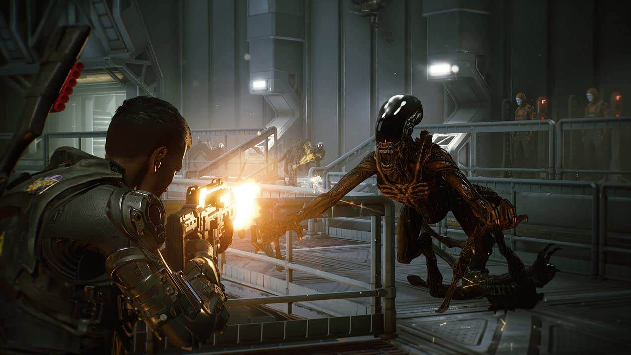 A futuristic soldier engaging alien creature in high-tech environment.