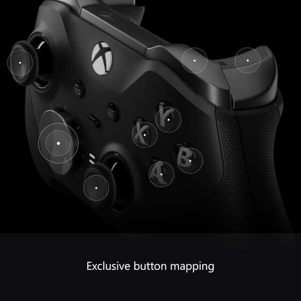 Black Xbox Series X Elite Series 2 wireless controller with button mapping.