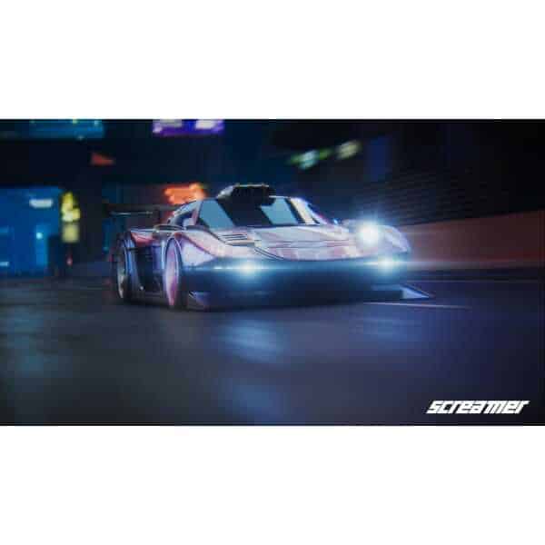 High-speed racing car from Gameware Screamer game at night.