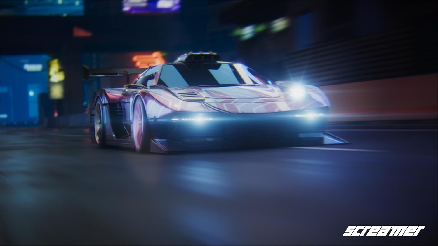 High-speed racing car from Gameware Screamer game at night.