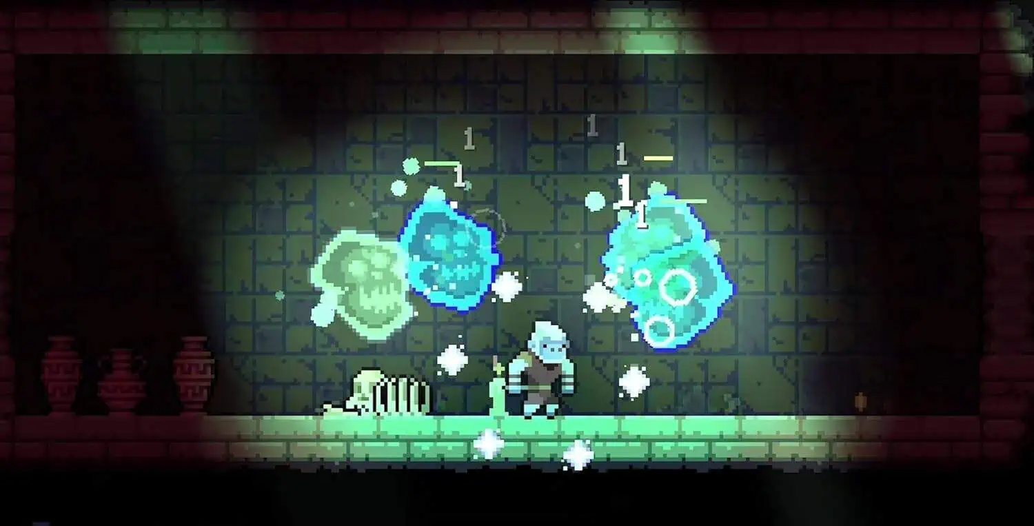 Pixel art scene from Dunjungle showing magical creatures and vibrant effects in a dungeon setting.