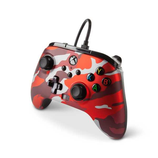 Red camouflage wired controller for Xbox Series X gaming.