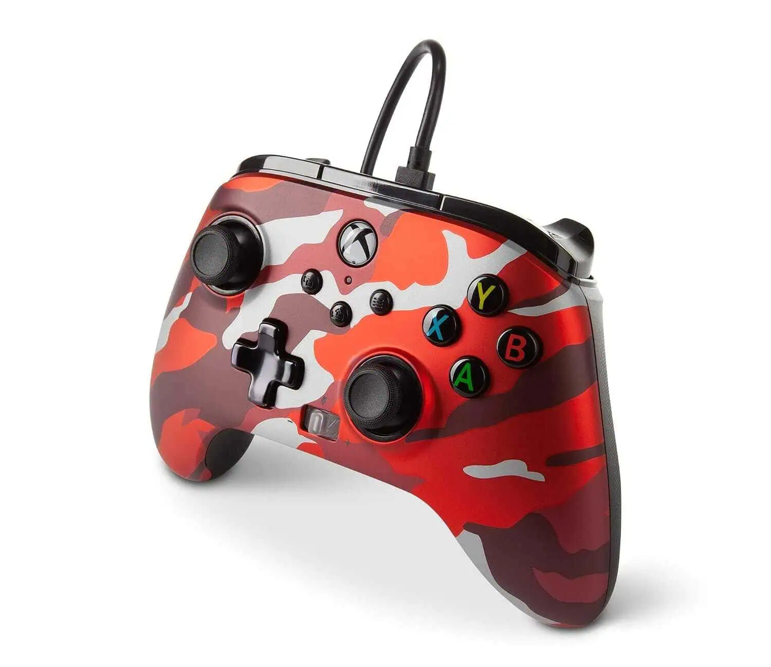 Red camouflage wired controller for Xbox Series X gaming.