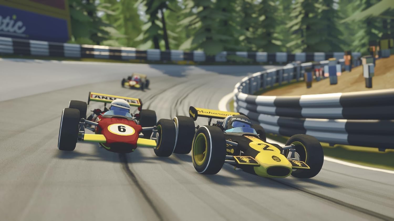 Classic Formula Legends racing cars on a track in Legacy Edition game.
