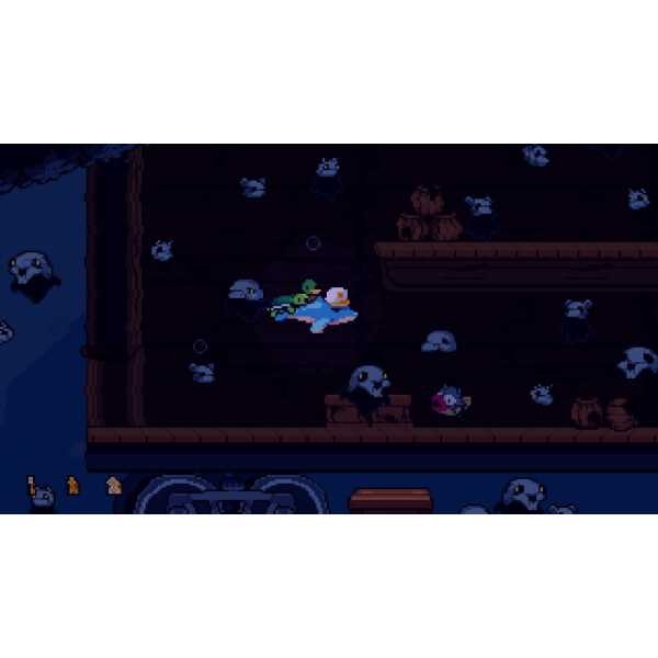 Pixel art scene of a windswept landscape with ducks and wildlife.