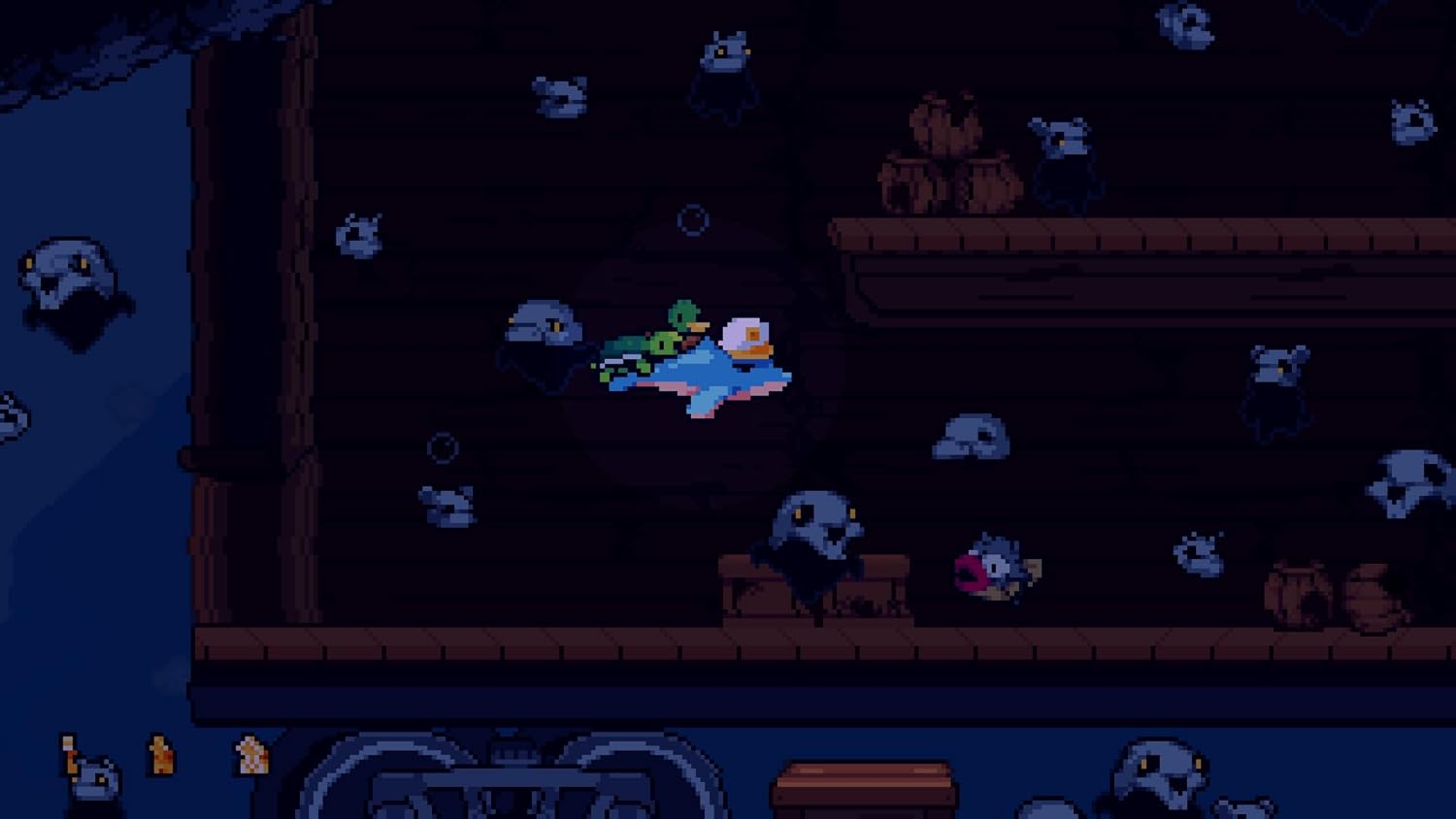 Pixel art scene of a windswept landscape with ducks and wildlife.