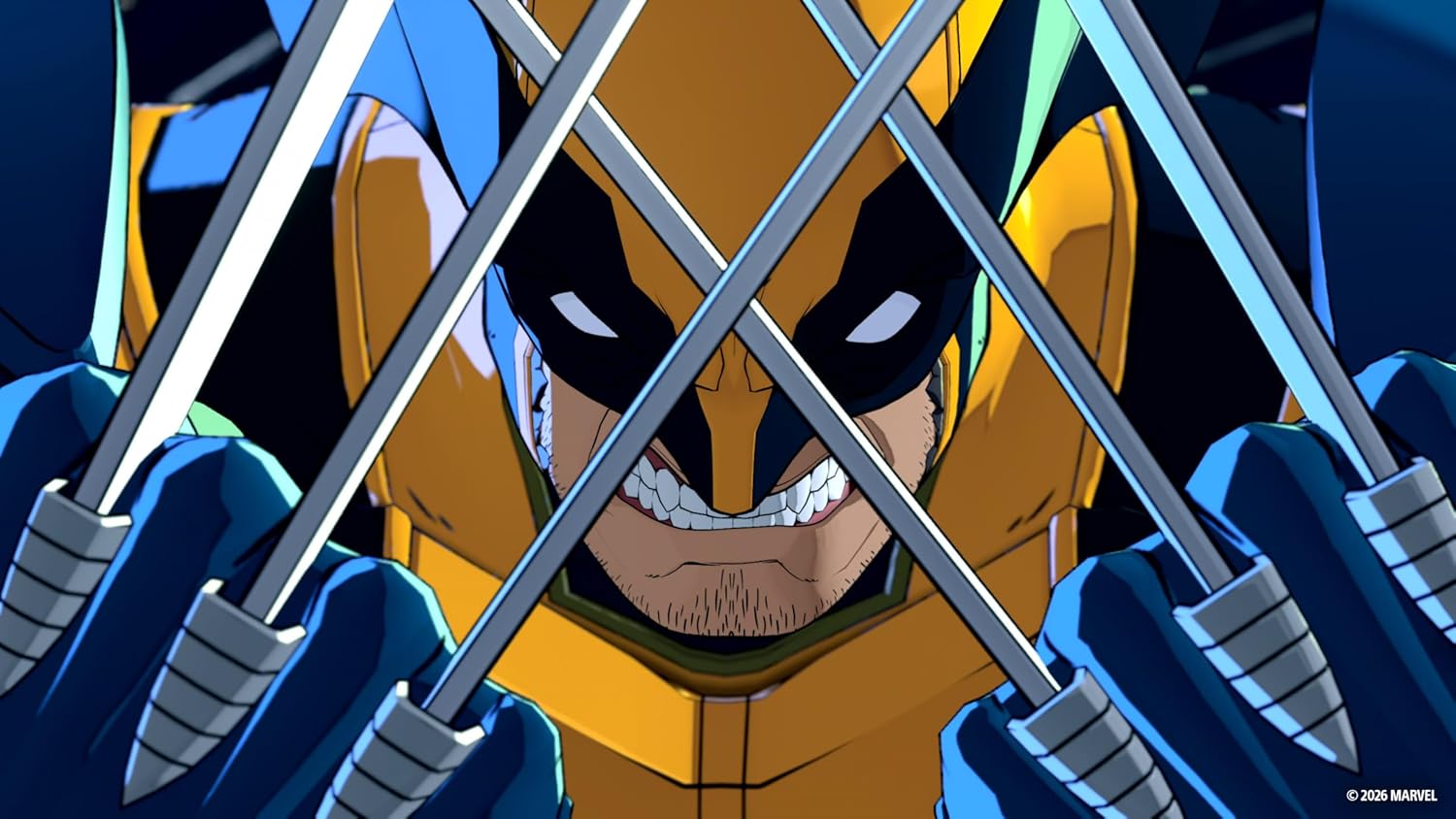 Intense anime character with fierce expression behind crossed swords, vibrant colors, and dynamic po.