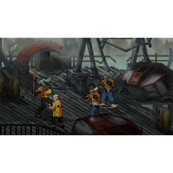 Action scene from Streets of Rage 4 featuring characters fighting in a destroyed cityscape.