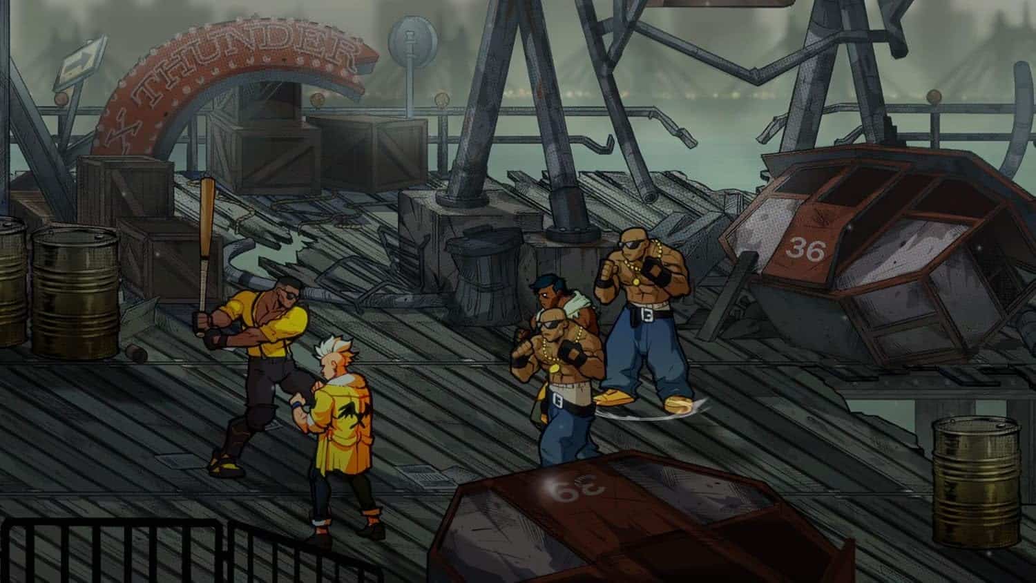 Action scene from Streets of Rage 4 featuring characters fighting in a destroyed cityscape.