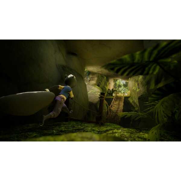Chickenhare climbing a lush jungle rock wall in a vibrant game environment.