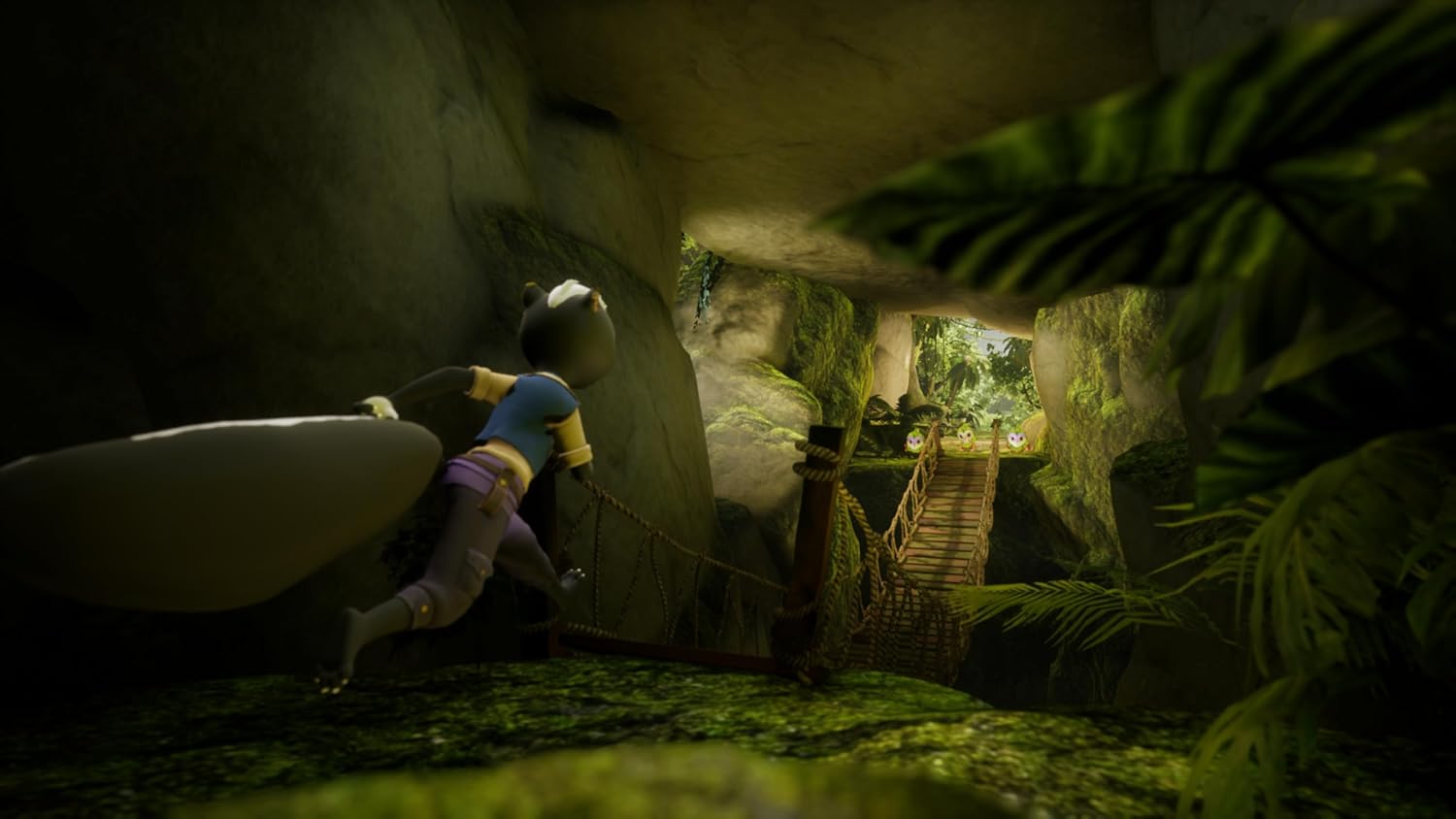 Chickenhare climbing a lush jungle rock wall in a vibrant game environment.