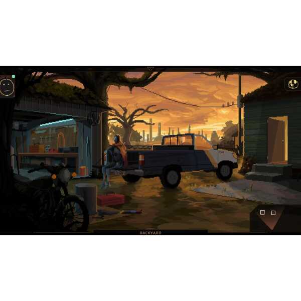 Post-apocalyptic backyard with vintage truck and rustic surroundings.