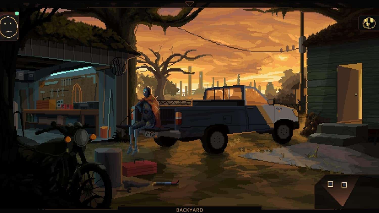 Post-apocalyptic backyard with vintage truck and rustic surroundings.