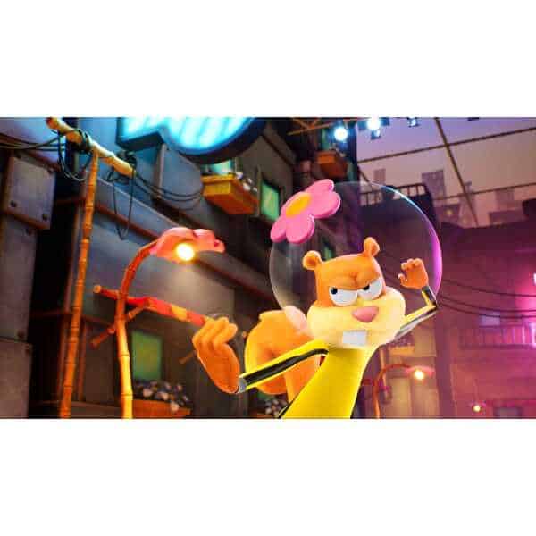 Animated cat character wearing a space helmet in a colorful, lively urban environment.