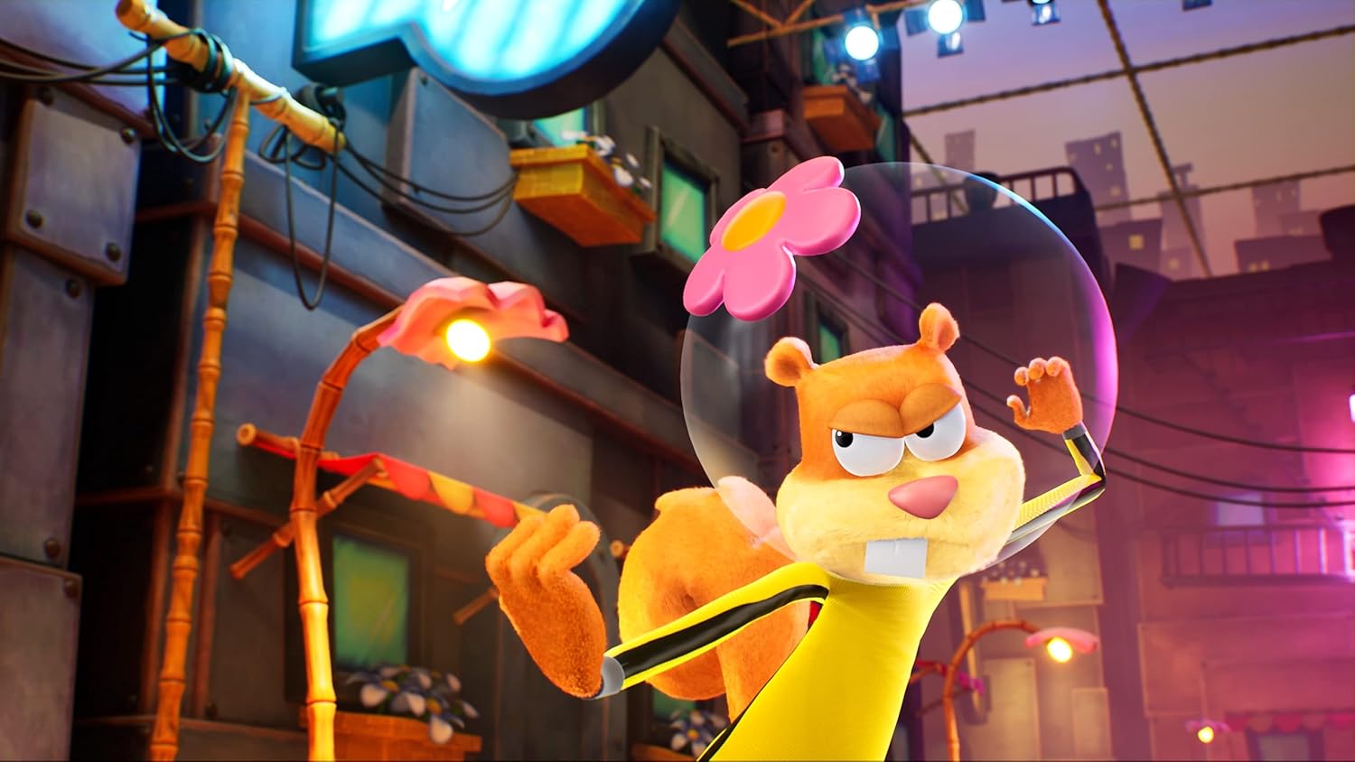 Animated cat character wearing a space helmet in a colorful, lively urban environment.