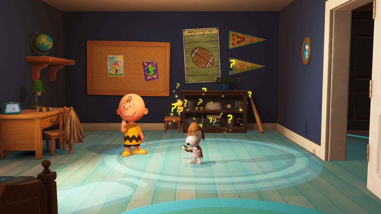 Snoopy and Woodstock in a detective-themed room from Snoopy & The Great Mystery Club.
