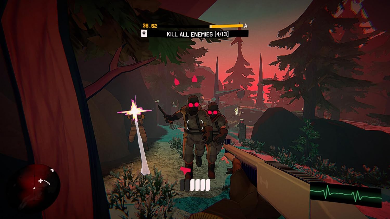 Intense gameplay scene from I Am Your Beast by Gameware showing enemies in a forest setting.