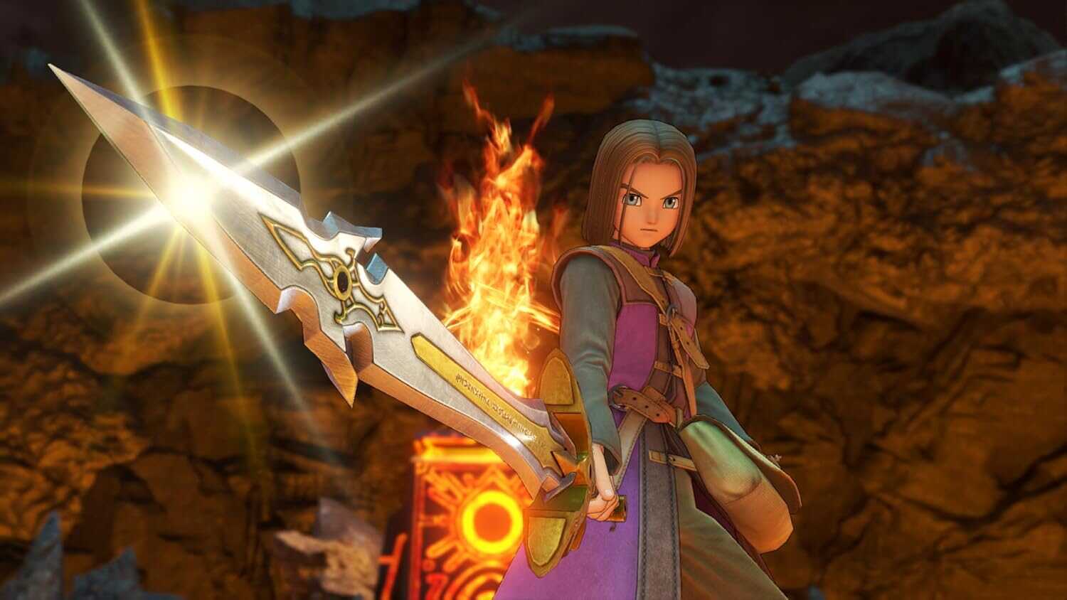 Character wielding a glowing sword in a rocky environment.
