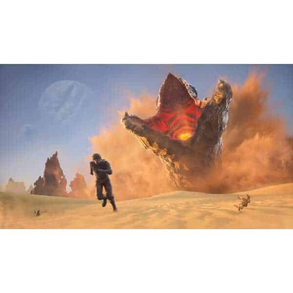 Futuristic desert scene with alien creature and a running character.
